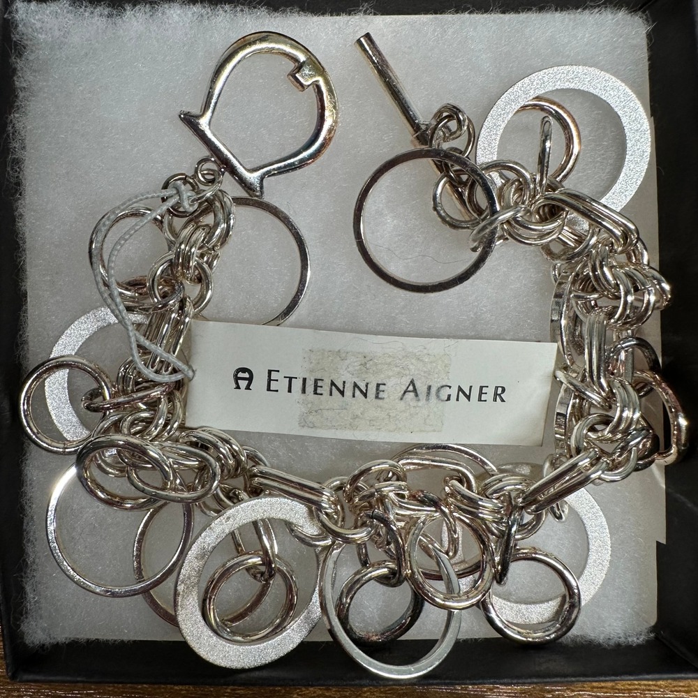 Etienne Aigner‎ Silver Tone Multi Ring Charm Toggle Bracelet Horseshoe Logo NEW